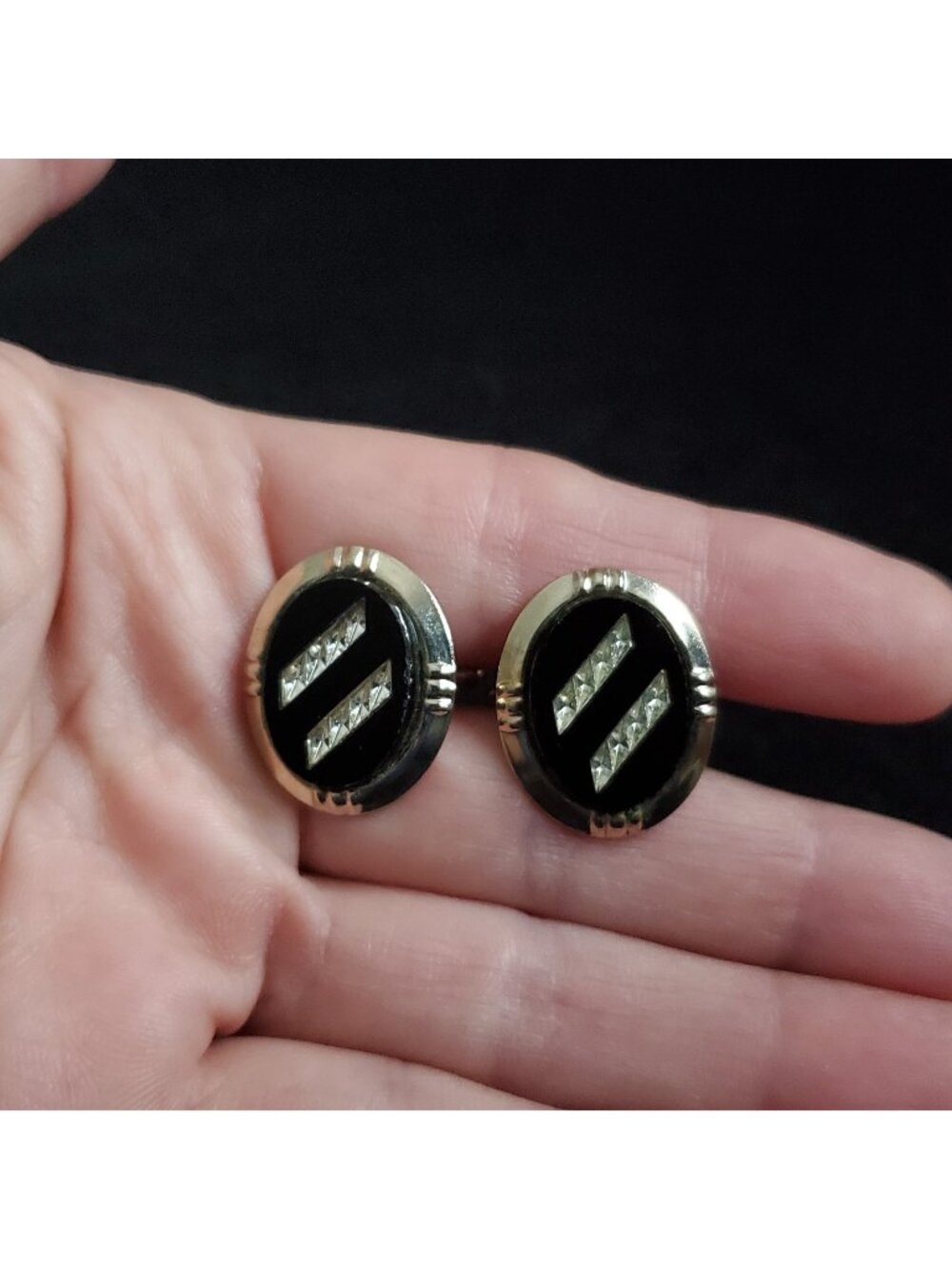 Vintage Cufflinks Gold Tone Black Inlay Oval 1" READ